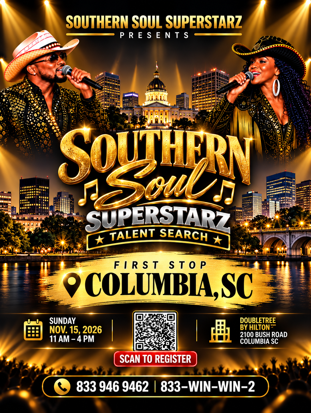 Southern Soul Superstarz Talent Search flyer — Columbia, SC, Sunday Nov. 15, 2026, DoubleTree by Hilton